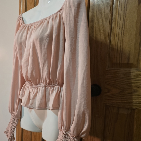 She + Sky Blush Pink Cropped Off Shoulder Long Sleeve Blouse - Picture 2 of 16